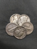 5 Count Lot of United States Mercury Dimes - 90% Silver - From Estate