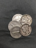 5 Count Lot of United States Mercury Dimes - 90% Silver - From Estate