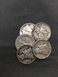 5 Count Lot of United States Mercury Dimes - 90% Silver - From Estate