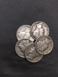 5 Count Lot of United States Mercury Dimes - 90% Silver - From Estate