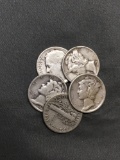 5 Count Lot of United States Mercury Dimes - 90% Silver - From Estate