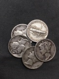 5 Count Lot of United States Mercury Dimes - 90% Silver - From Estate