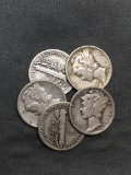 5 Count Lot of United States Mercury Dimes - 90% Silver - From Estate