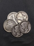 5 Count Lot of United States Mercury Dimes - 90% Silver - From Estate