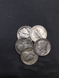 5 Count Lot of United States Mercury Dimes - 90% Silver - From Estate