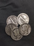 5 Count Lot of United States Mercury Dimes - 90% Silver - From Estate