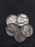 5 Count Lot of United States Mercury Dimes - 90% Silver - From Estate