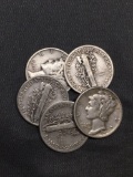 5 Count Lot of United States Mercury Dimes - 90% Silver - From Estate