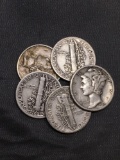 5 Count Lot of United States Mercury Dimes - 90% Silver - From Estate