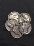 5 Count Lot of United States Mercury Dimes - 90% Silver - From Estate