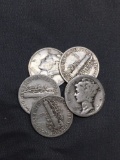 5 Count Lot of United States Mercury Dimes - 90% Silver - From Estate