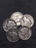 5 Count Lot of United States Mercury Dimes - 90% Silver - From Estate