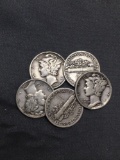 5 Count Lot of United States Mercury Dimes - 90% Silver - From Estate