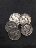 5 Count Lot of United States Mercury Dimes - 90% Silver - From Estate