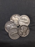 5 Count Lot of United States Mercury Dimes - 90% Silver - From Estate