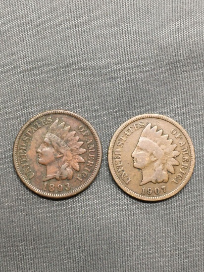 2 Count Lot of United States Indian Head Penny Cent Coins from Estate - 1893 & 1907