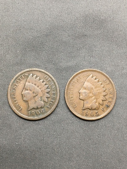 2 Count Lot of United States Indian Head Penny Cent Coins from Estate - 1905 & 1906