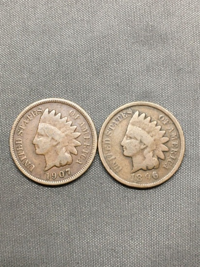 2 Count Lot of United States Indian Head Penny Cent Coins from Estate - 1896 & 1907