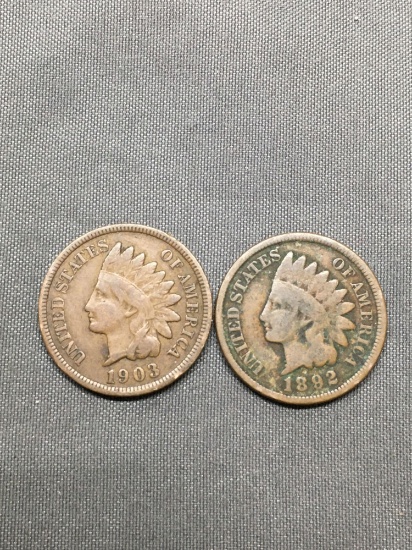 2 Count Lot of United States Indian Head Penny Cent Coins from Estate - 1892 & 1903