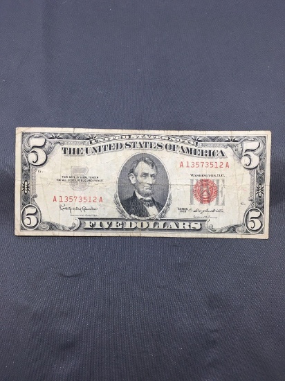 1963 United States Lincoln $5 Red Seal Bill Currency Note from Estate