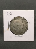 1915-D United States BARBER Silver Half Dollar - 90% Silver Coin from Estate Collection