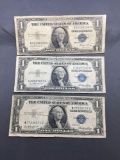 3 Count Lot of 1935 United States Washington $1 Silver Certificates Bill Currency Notes from Estate