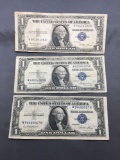 3 Count Lot of 1935 United States Washington $1 Silver Certificates Bill Currency Notes from Estate