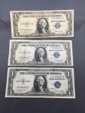 3 Count Lot of 1935 United States Washington $1 Silver Certificates Bill Currency Notes from Estate