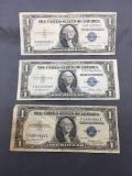 3 Count Lot of 1935 United States Washington $1 Silver Certificates Bill Currency Notes from Estate