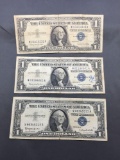 3 Count Lot of 1957 United States Washington $1 Silver Certificates Bill Currency Notes from Estate