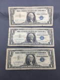 3 Count Lot of 1957 United States Washington $1 Silver Certificates Bill Currency Notes from Estate