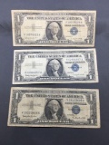 3 Count Lot of 1957 United States Washington $1 Silver Certificates Bill Currency Notes from Estate