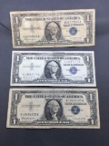 3 Count Lot of 1957 United States Washington $1 Silver Certificates Bill Currency Notes from Estate