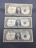 3 Count Lot of 1957 United States Washington $1 Silver Certificates Bill Currency Notes from Estate