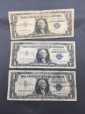 3 Count Lot of 1957 United States Washington $1 Silver Certificates Bill Currency Notes from Estate