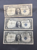 3 Count Lot of 1957 United States Washington $1 Silver Certificates Bill Currency Notes from Estate