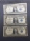 3 Count Lot of 1957 United States Washington $1 Silver Certificates - Bill Currency Notes