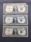 3 Count Lot of 1957 United States Washington $1 Silver Certificates - Bill Currency Notes