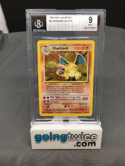 BGS Graded 1999 Pokemon Base Set Unlimited #4 CHARIZARD Holofoil Rare Trading Card - MINT 9