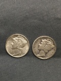 2 Count Lot of United States Mercury Silver Dimes - 90% Silver Coins from Estate