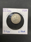 1938 Nazi Germany 2 Mark Silver Foreign World Coin with Swastika from Estate