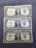 3 Count Lot of 1957 United States Washington $1 Silver Certificates - Bill Currency Notes
