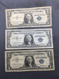 3 Count Lot of 1957 United States Washington $1 Silver Certificates - Bill Currency Notes