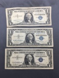 3 Count Lot of 1957 United States Washington $1 Silver Certificates - Bill Currency Notes