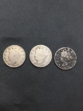 3 Count Lot of United States Liberty V Nickel Coins from Estate