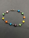 Round Multi-Colored 6mm Cat's Eye Bead Stations Sterling Silver 7in Long Bracelet