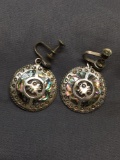 Handmade Old Pawn Mexico Style Round 25mm Diameter Abalone Inlaid Pair of Sterling Silver Earrings