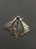 Mexican Made Fan Design Teardrop Shaped Abalone Inlay w/ Onyx Accent Sterling Silver Pendant