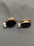 Oval 16x12mm Onyx Cabochon Center w/ Twin Pearl Accents 12kt Gold-Filled Pair of Clip-On Earrings