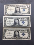 3 Count Lot of 1957 United States Washington $1 Silver Certificates - Bill Currency Notes